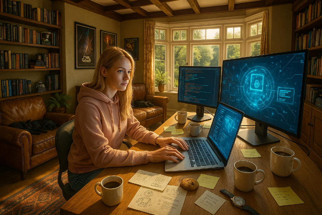 Coder girl at work again, Tapping keys with precision, Creating beauty